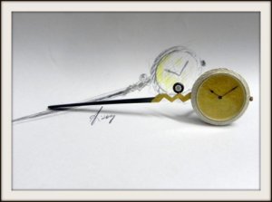 Pen clock - silver oxidized  - covered with leaf gold - Swiss movement - Chrystal glass 