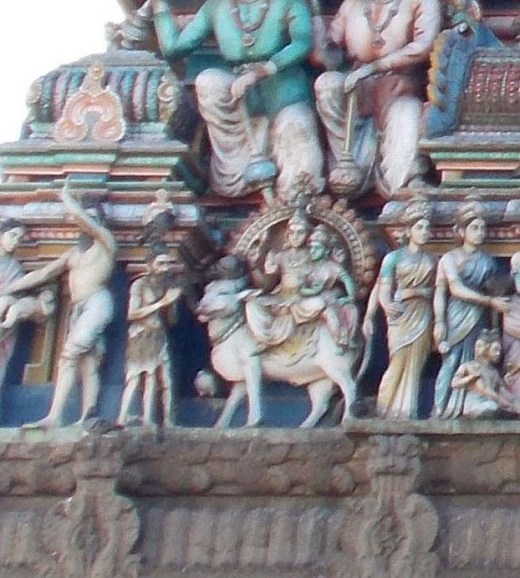 The 3-legged Bhringi with Lord Shiva and Goddess Parvati on their bull Nandi